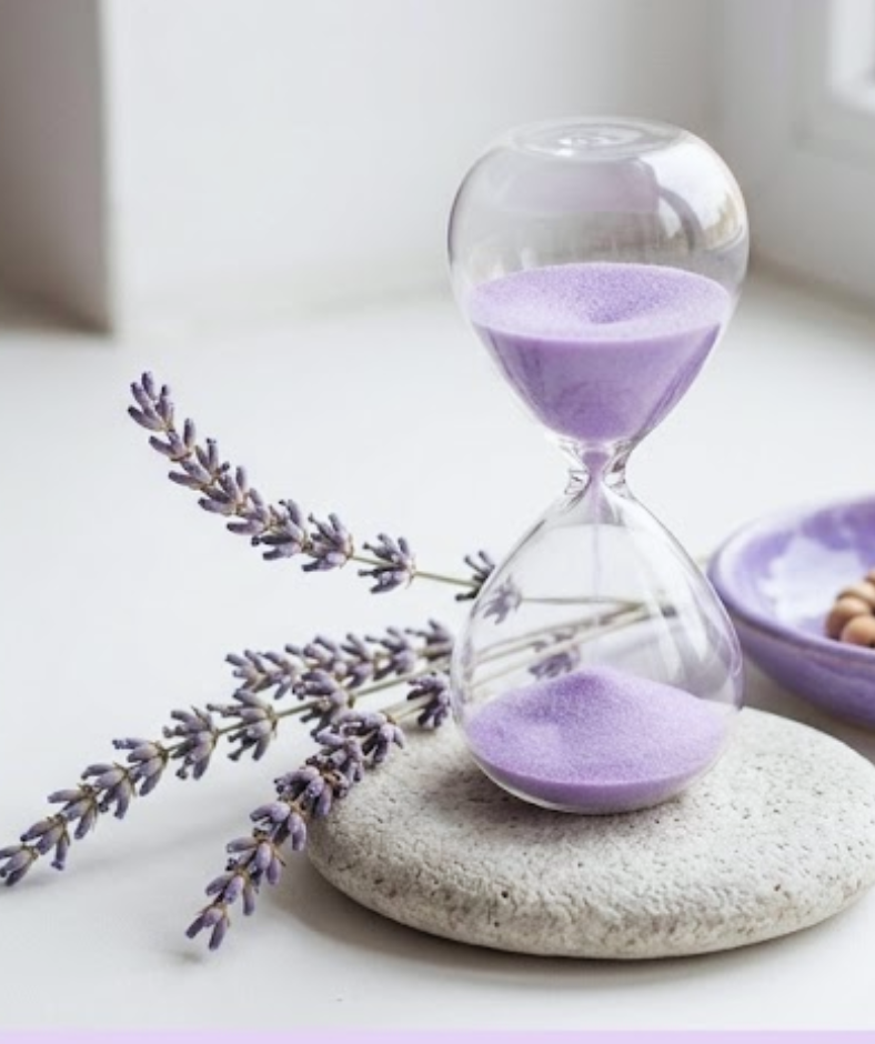 Minimalistički drveni pješčani sat na podlozi od lavande